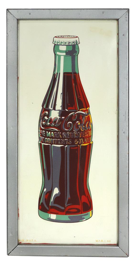 Coca-Cola sign, metal in wood frame, marked "W.F.R.: Coca-Cola sign, metal in wood frame, marked "W.F.R. 1-40", VG+ cond, 36"H x 18"W.