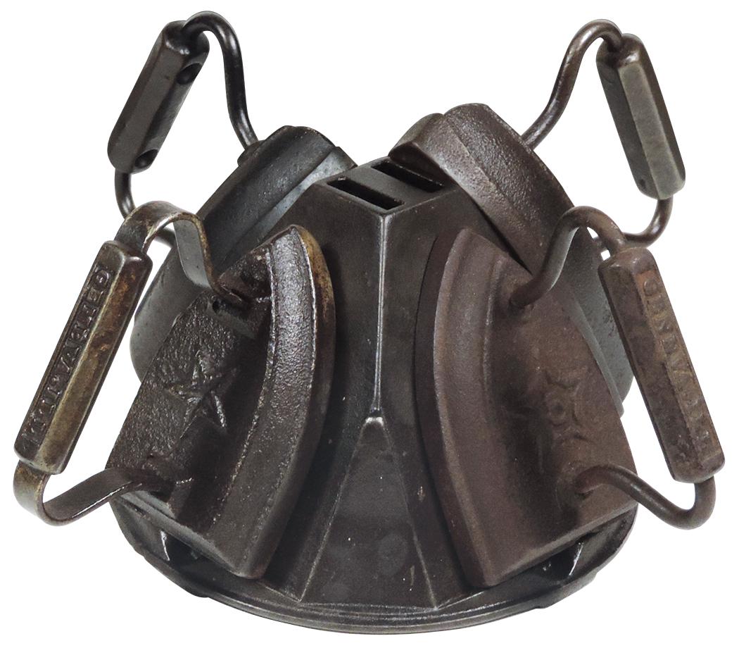 Salesman sample 5 pc sad iron display, all irons marked Nov 02, 2019