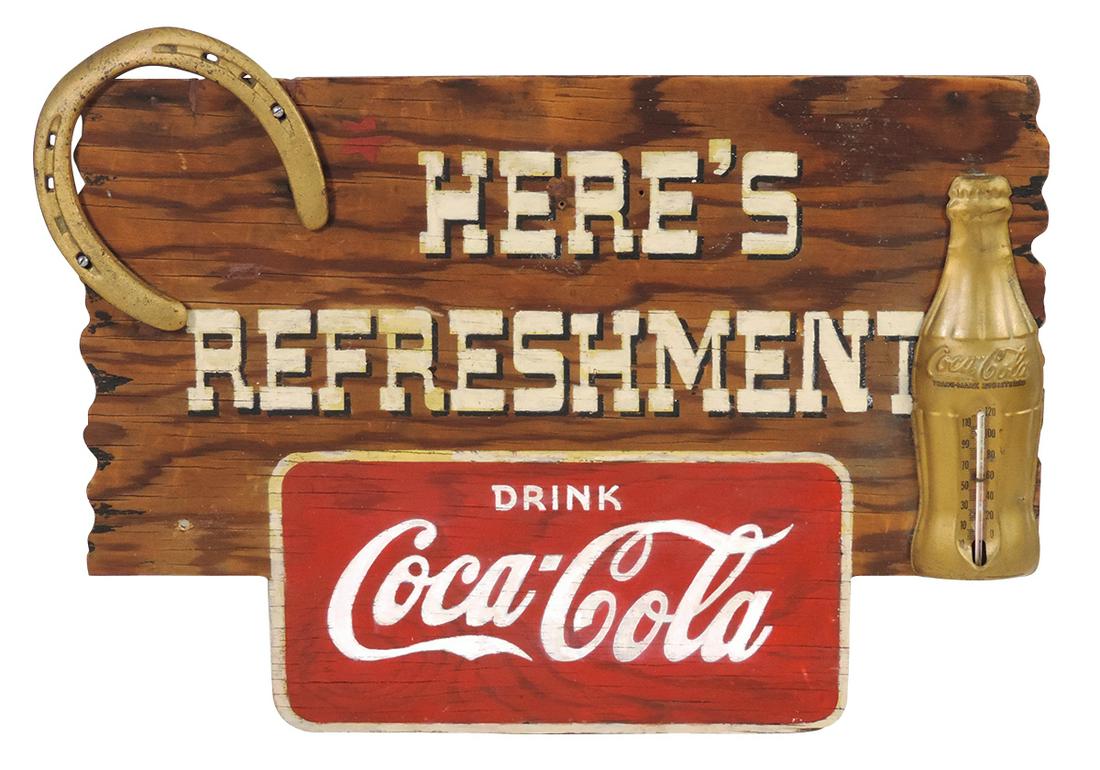 Coca-Cola sign, Here's Refreshment, wood w/metal: Coca-Cola sign, Here's Refreshment, wood w/metal horseshoe & bottle, mfgd by Kay Displays, Inc.-Grand Rapids, MI, c.1930's, VG+ cond, 12.5"H x 17.5"W.