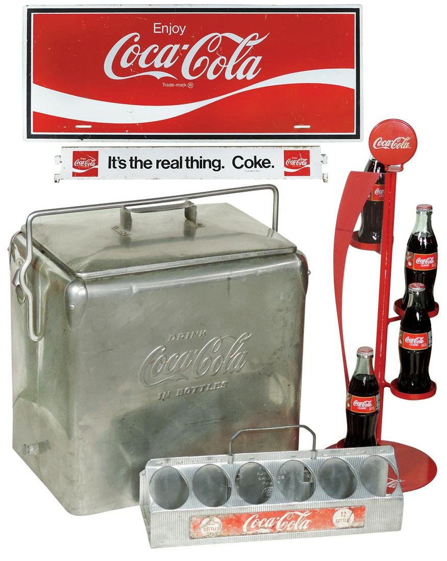 Coca-Cola items (5), embossed aluminum picnic cooler,: Coca-Cola items (5), embossed aluminum picnic cooler, bottle rack top sign, aluminum 12 bottle carrier, metal rack insert & metal bottle display w/bottles, Good to Exc cond, cooler 18"H x 18"W.
