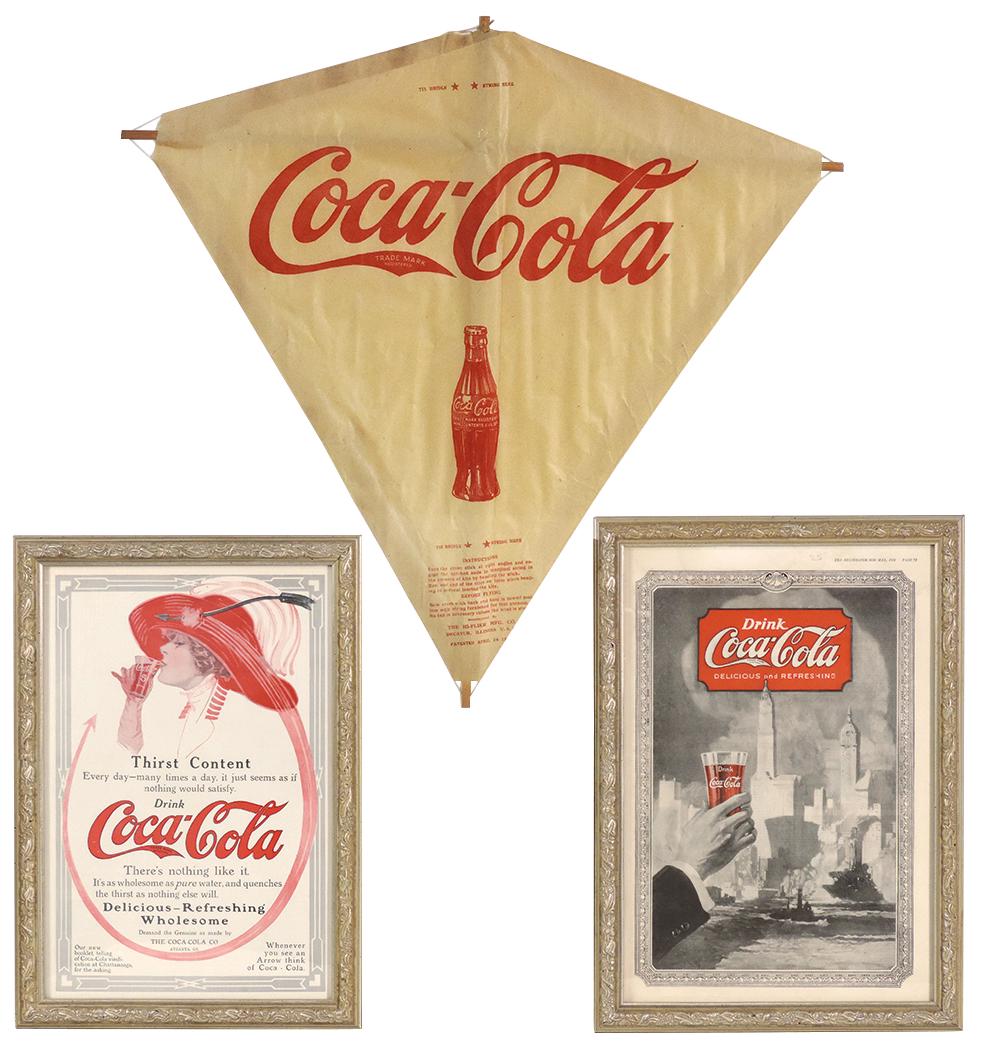Coca-Cola kite & framed ads (3), paper kite mfgd by: Coca-Cola kite & framed ads (3), paper kite mfgd by Hi-Flier Mfg. Co.-Decatur, IL, c.1930's & 2 1920's paper magazine ads, Prof framed, all Exc cond, kite 24"H x 23.5"W.
