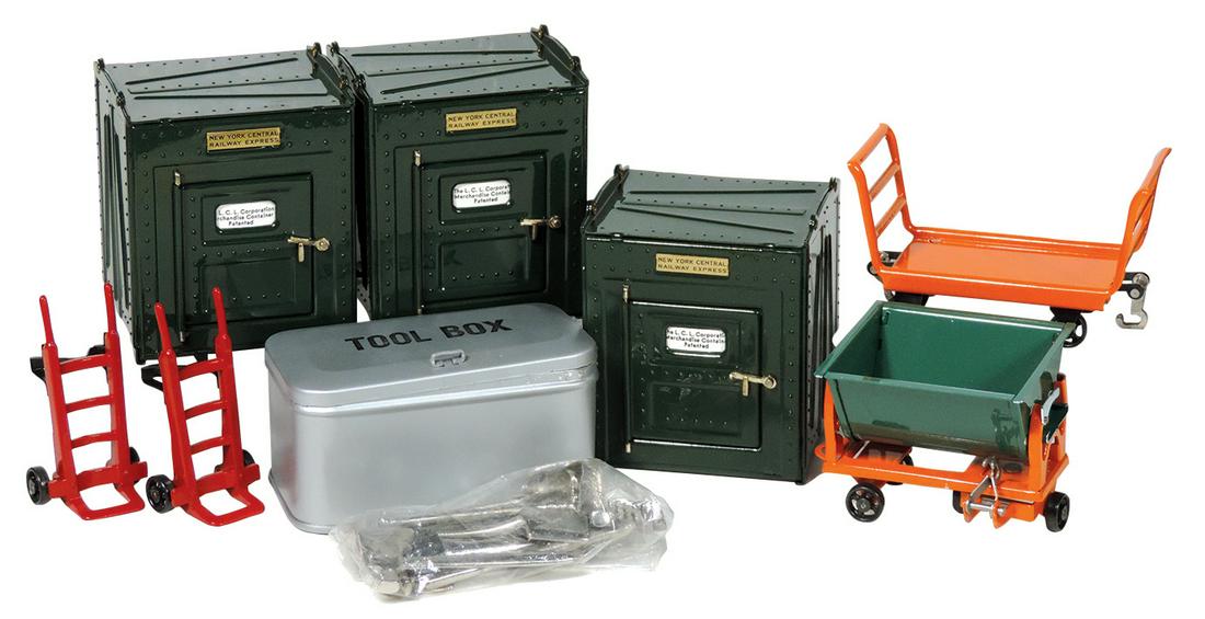 Toy train accessories (8), 3 NOS New York Central: Toy train accessories (8), 3 NOS New York Central Express Safes, marked "The LCL Corp.", NOS boxed set of railroad utility carts & NOS toolbox w/orig tools, all NOS in Exc cond.