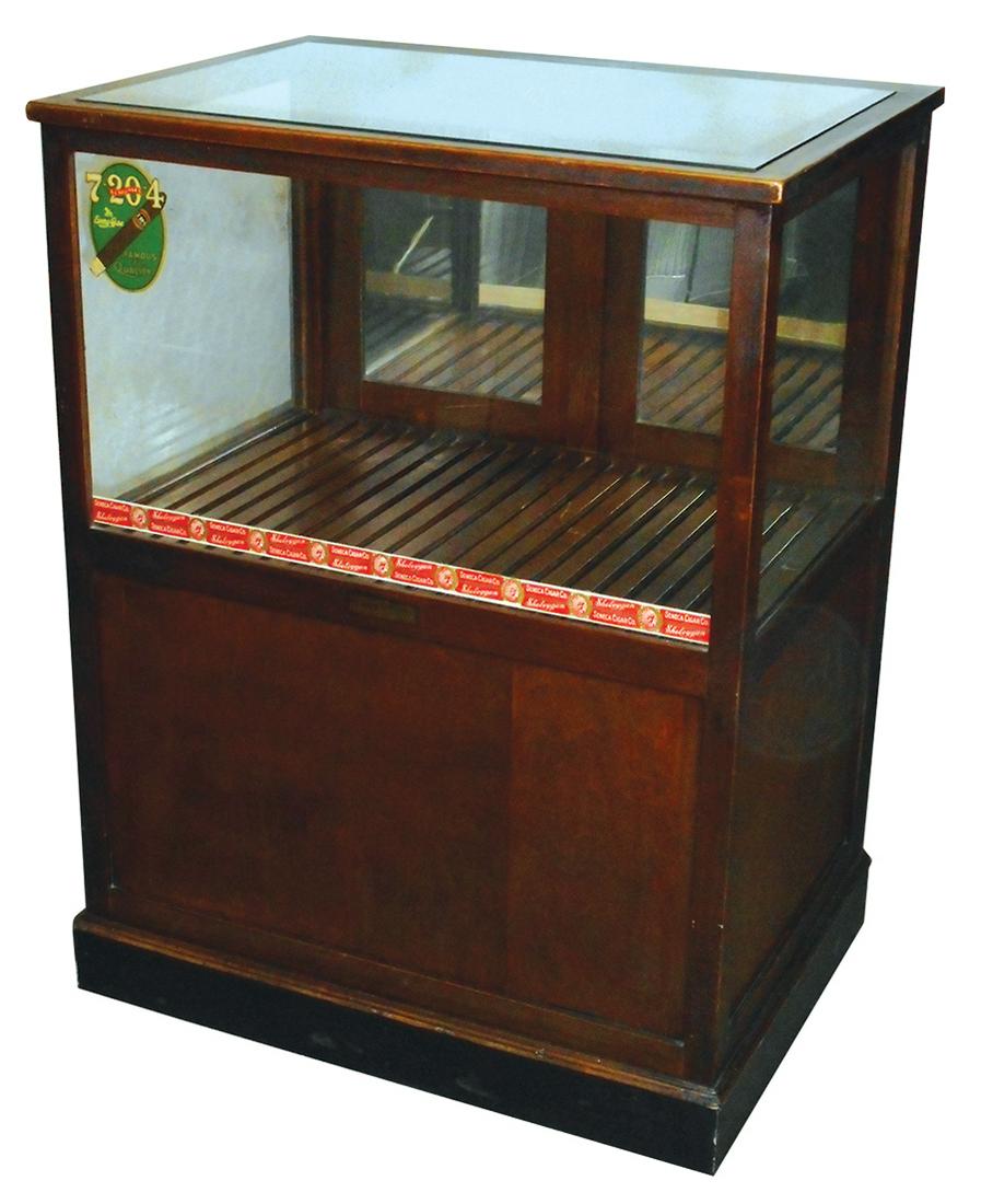 Cigar humidor, R. G. Sullivan's 7-20-4 Cigars, mfgd by: Cigar humidor, R. G. Sullivan's 7-20-4 Cigars, mfgd by The Fisher Company-Charles City, Iowa, wood w/plate glass top, mirrored back doors, slatted shelf, 2 sliding bottom doors to store more product,