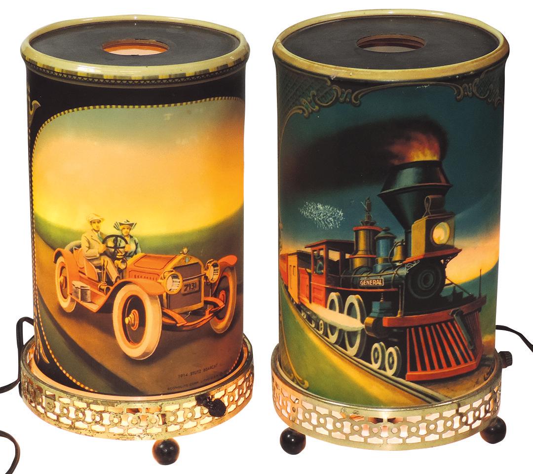 Motion lamps (2), John Bull Train, Econolite Litho: Motion lamps (2), John Bull Train, Econolite Litho Corp, dated 1956, small rub mark on 1 side, o/wise Exc working cond & other pictures a 1912 Model T Ford & 1914 Stutz Bearcat, Econolite Litho Corp.,
