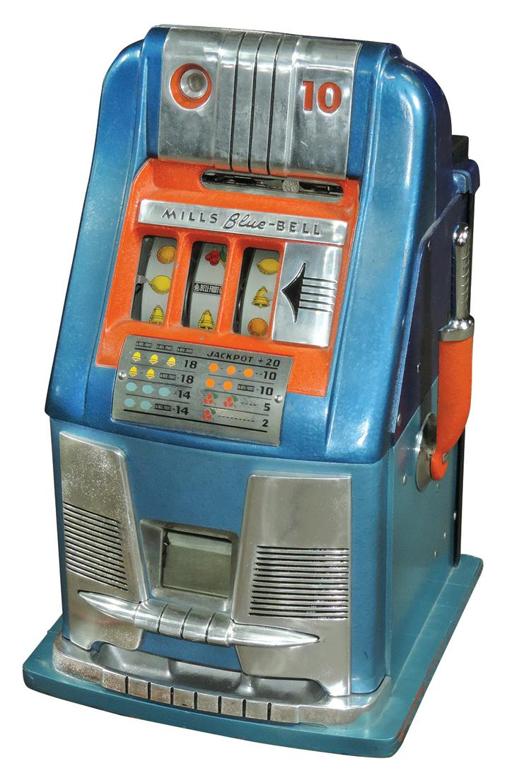 Coin-operated slot machine, Mills Blue-Bell, 10 Cent: Coin-operated slot machine, Mills Blue-Bell, 10 Cent play, c.1947, Exc working cond w/an older restoration, replacement back door, complete w/keys, 26"H x 16"W.
