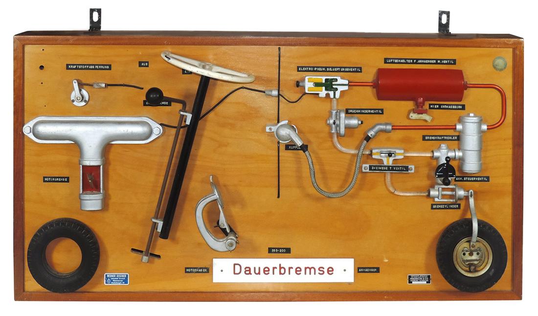 Automotive educational model, German Dauerbremse Warner: Automotive educational model, German Dauerbremse Warner Degener-Hanover, a working parts layout of a motorwagen, mfgd by Friedrichs & Co.-Hamburg, Exc cond, 22"H x 43"W.