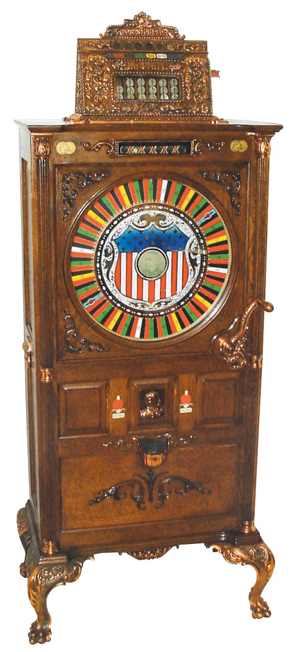 Slot machine, floor model Mills Dewey, 5 Cent, oa: Slot machine, floor model Mills Dewey, 5 Cent, oak cabinet w/beautiful restoration, c.1899, Exc working cond. Due to laws regulating the sale of antique slot machines, I, as the seller, will not sell