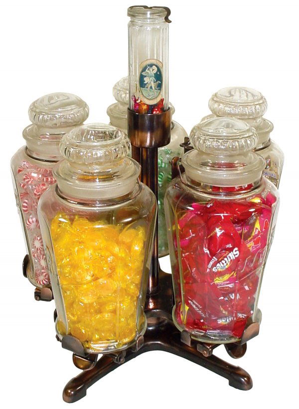 0890 Bunte tip down revolving candy jar display, holds