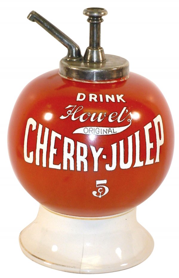 Syrup dispenser, Howel's Cherry-Julep, ball shape: Syrup dispenser, Howel's Cherry-Julep, ball shape w/bow tie logo, old hairline on base flange & top collar hidden under pump, VG+ cond w/some wear on gold base trim, correct old pump missing button in