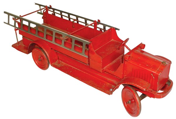 Toy, White fire truck, Kelmet Corp., pressed stee: Toy, White fire truck, Kelmet Corp., pressed steel w/open cab, older repaint, c.1920, steering linkage unhooked & replaced ladders, o/wise Good cond, 29"L.