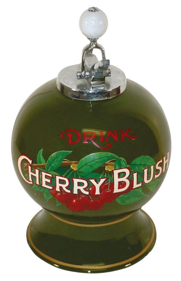 Syrup dispenser, Cherry Blush, old ball shape bla: Syrup dispenser, Cherry Blush, old ball shape blank w/contemporary hand-painted artwork under protective clear-coat finish, VG cond w/small chip of painted surface missing on side, correct ball style