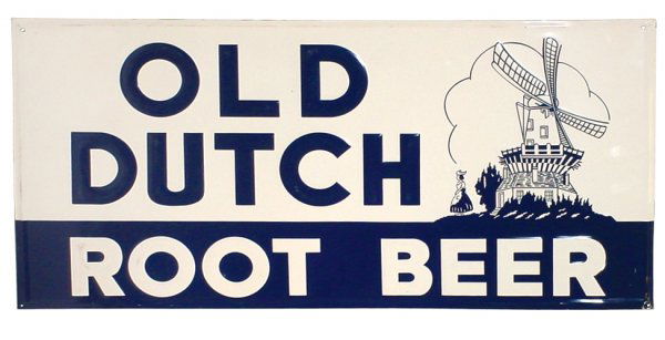 Old Dutch Root Beer embossed metal sign w/windmil: Old Dutch Root Beer embossed metal sign w/windmill graphics, Exc cond, 17.5"H x 36"W.