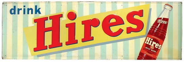 Hires Root Beer self-framed metal sign w/bottle g: Hires Root Beer self-framed metal sign w/bottle graphic & blue & white striped background, Good+ cond, 17"H x 52"W.