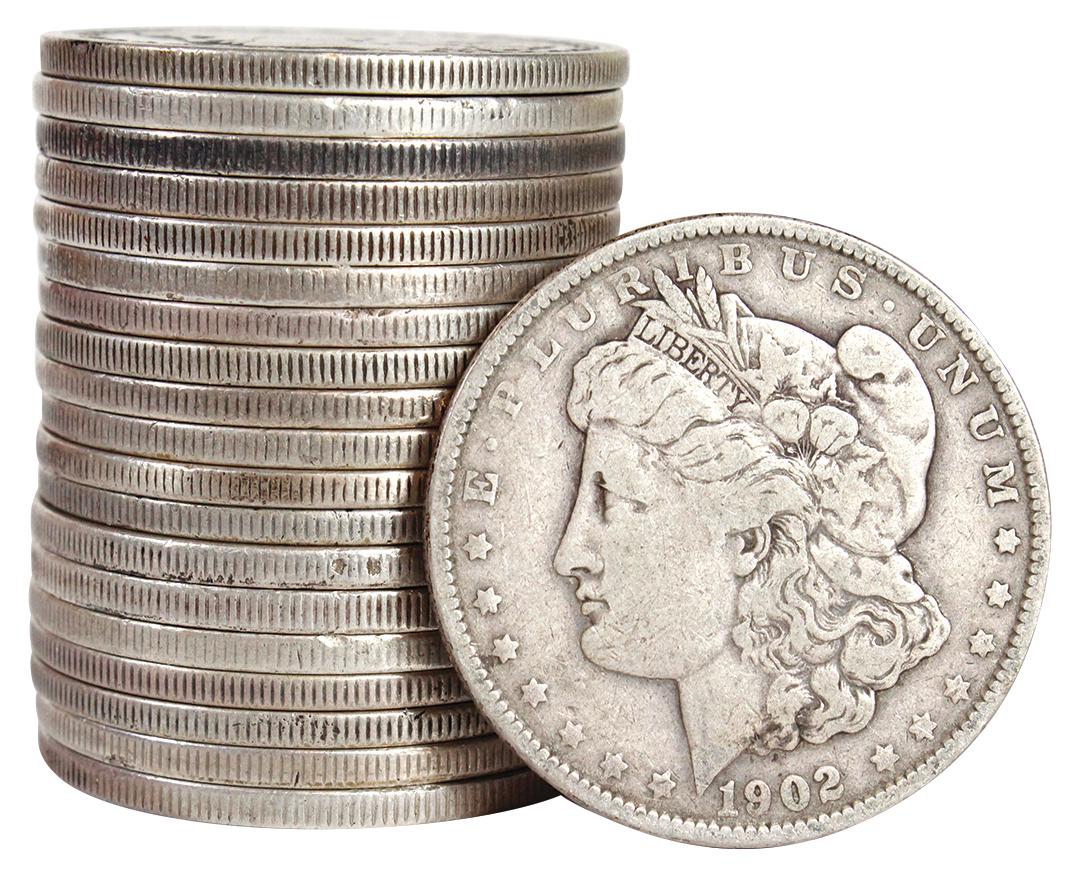 Coins (20): Morgan Silver Dollars, various dates,: Coins (20): Morgan Silver Dollars, various dates, 1885-1904, (2) 1885, (2) 1887, (2) 1889, 1891,1892, (2) 1896, 1897, (2) 1899, 1900, (2) 1901, (3) 1902 & 1904, cond range Good to F.