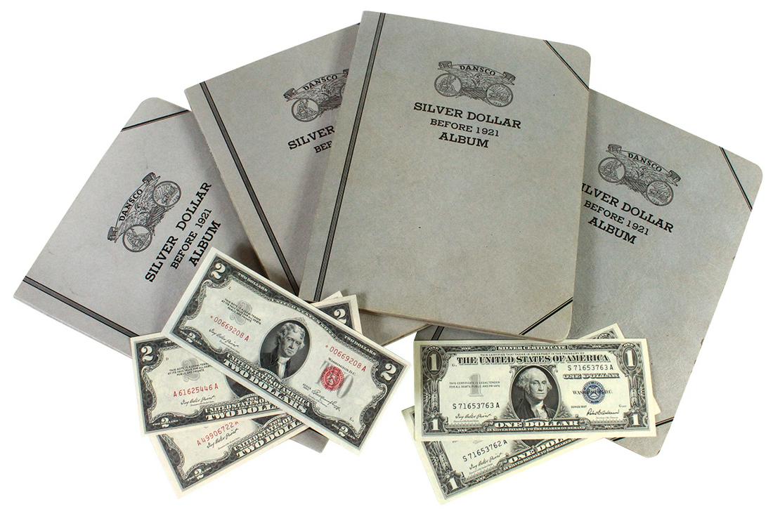 Currency & coin related: (2) $1. Bills, 1957 Silver: Currency & coin related: (2) $1. Bills, 1957 Silver Certificate, Exc cond, (3) $2. Bills-1953 & (2) 1953A, all Exc cond & (4) Dansco Silver Dollar Albums for coins prior to 1921, have penciled dates,