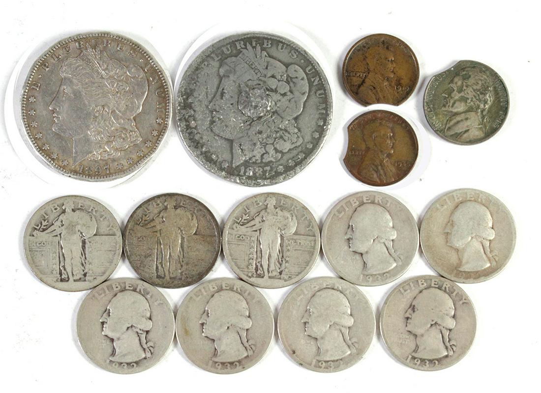 Coins (14): Oddities, (2)Morgan Dollars, damaged 1887O: Coins (14): Oddities, (2)Morgan Dollars, damaged 1887O & 1897S, Quarters: (3) Liberty, Poor cond, (6) Washington, 1932 AG & (3) Planchets, 1919S & 1945P Pennies & 1945 Nickel.