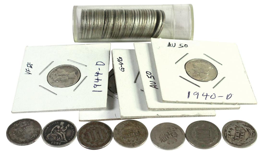 Coins (45): Nickel 3 Cent, Liberty Seated, Barber &: Coins (45): Nickel 3 Cent, Liberty Seated, Barber & Mercury Dimes, various dates, 1891-1945, Liberty Seated: (1) 1861, VF to EF, (2) Nickel 3 Cent, 1865 & 1866, VG to VF, (4) Barbers, 1895S, Good, 190