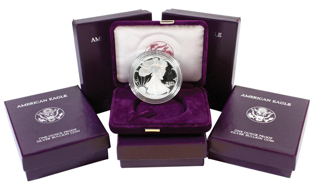 Coin Proof Sets (4) & American Eagle Silver Dollars: Coin Proof Sets (4) & American Eagle Silver Dollars (5): 1987 U.S. Constitution Silver Dollar, 1986 U.S. Liberty Coins-1986 Silver Dollar & Copper Half, 1789-1989 U.S. Congressional Coins-Silver Dolla