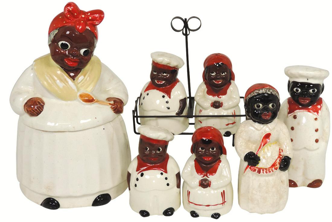 Black Americana, Mammy cookie jar & (3) Mammy & Chef: Black Americana, Mammy cookie jar & (3) Mammy & Chef S&P sets, all different, all hand-painted ceramic, cookie jar has some stain & faint hairline, tallest S&P VG, rest Exc cond, up to 10"H.