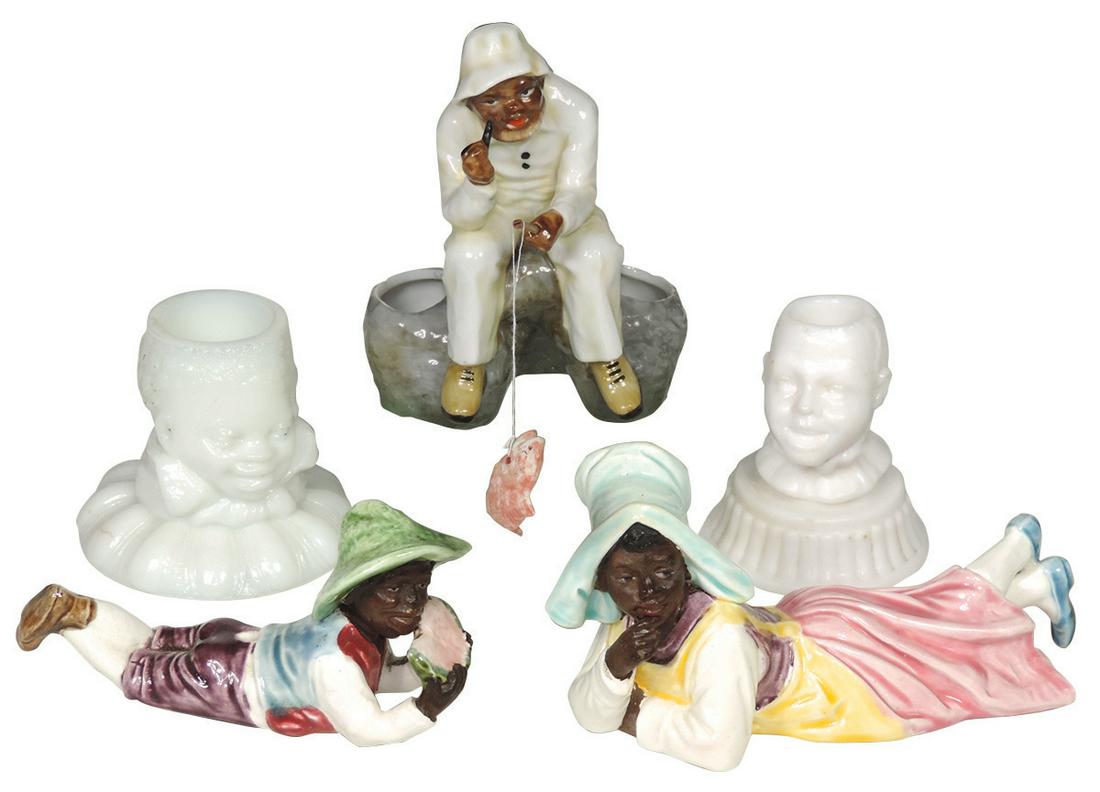 Black Americana, toothpick holders & figures (5), (2): Black Americana, toothpick holders & figures (5), (2) milk glass holders, ceramic fisherman & reclining boy & girl stamped 6732 & 6673, all Exc cond, up to 5.25"H.