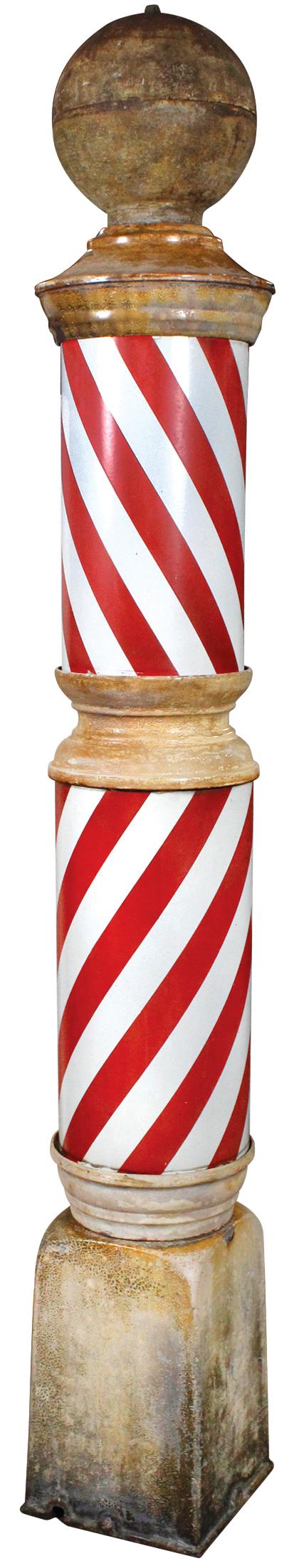 Barber Shop Pole, 4-section enameled iron w/2 candy: Barber Shop Pole, 4-section enameled iron w/2 candy stripe cylinders, globe finial set into enameled iron collars on a squared base, early 1900's, Fair to Good cond w/losses & signs of earlier restora