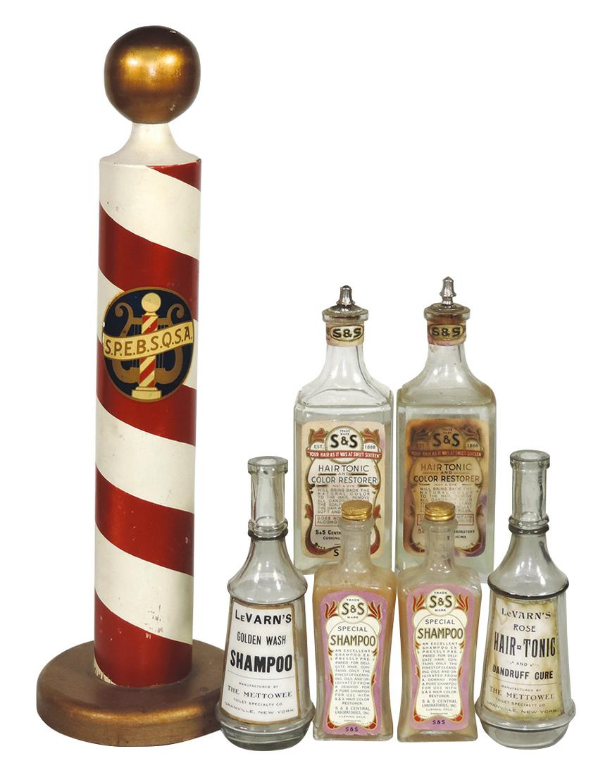 Barber Shop (7), early to mid century candy-stripe: Barber Shop (7), early to mid century candy-stripe turned wood "Barbershop Harmony Society" table pole, a reverse label "Lavern’s" shampoo & tonic bottle by Mettowee, Granville, NY, 4 embossed label