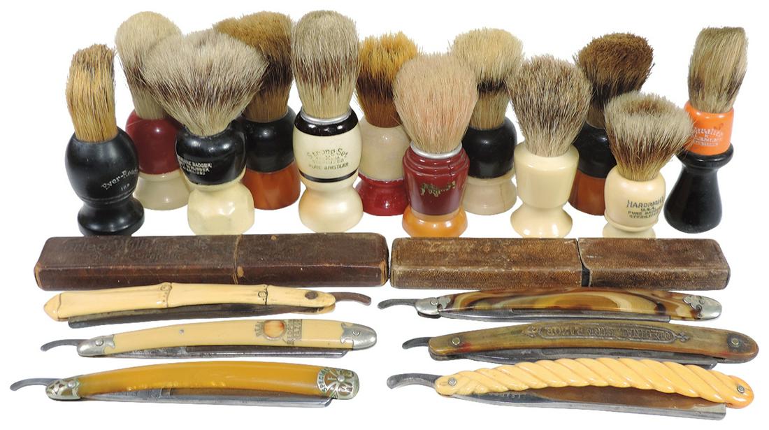 Barber Shop Shaving Brushes & Razors (18), (6): Barber Shop Shaving Brushes & Razors (18), (6) celluloid razors & (12) Bakelite brushes, all VG & Exc cond, up to 6.25"L.
