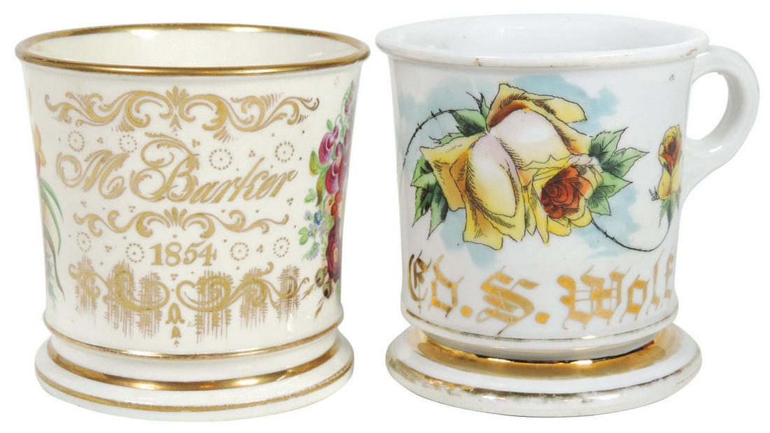 Barber Shop Shaving Mugs (2), personalized M. Barker &: Barber Shop Shaving Mugs (2), personalized M. Barker & dated 1854, colorful floral wrap, unmarked bottom, a beautiful mug in Near-Mint cond, 3.75"H & personal shaving mug for Ed S. Wolf in gold letter