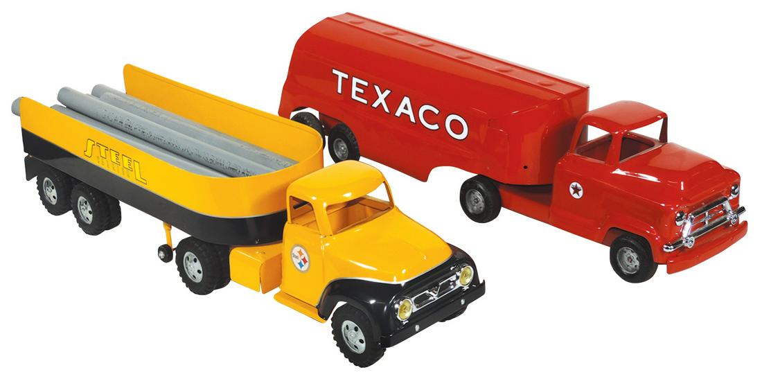 Toys (2), Buddy L "Texaco" fuel truck & a Tonka U.S.: Toys (2), Buddy L "Texaco" fuel truck & a Tonka U.S. Steel open-top trailer, both repainted pressed steel in Exc cond, 24" & 26"L.