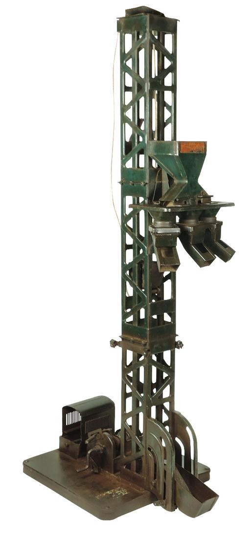 Toy Buddy L Hoisting Tower, pressed steel w/orig green: Toy Buddy L Hoisting Tower, pressed steel w/orig green paint & decals, c.1928-1931, missing chute & cord on pulley, o/wise VG cond, 29"H x 12"Sq at base.