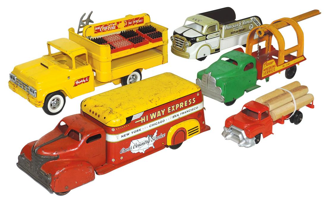 Toy Trucks (5), pressed steel & litho on tin, Buddy L: Toy Trucks (5), pressed steel & litho on tin, Buddy L Coca-Cola truck (incomplete), Wyandotte "Hi-way Express", "Banner" wrecker, Marx "Glendale" wrecker & die cast logging truck, Good to Exc cond, la