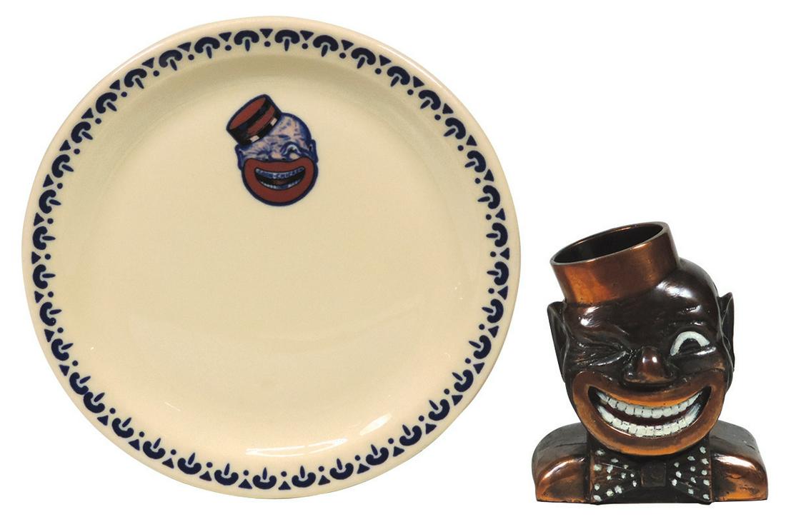 Black Americana, Coon Chicken Inn cast metal match or: Black Americana, Coon Chicken Inn cast metal match or toothpick holder & Coon Chicken Inn Inca Ware plate dated 1925, both Exc cond, 3.5"H & 6.25"Dia.