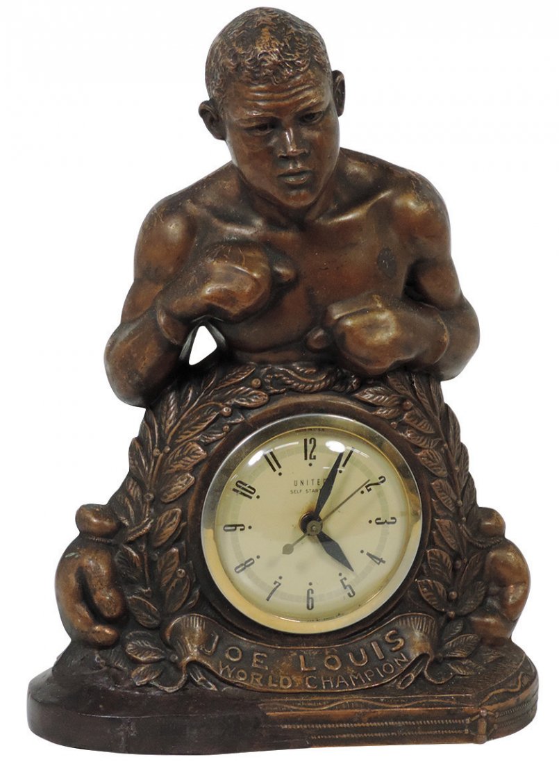 Black Americana, Joe Louis World Champion figural: Black Americana, Joe Louis World Champion figural clock, bronzed metal, Exc working cond, 13"H.