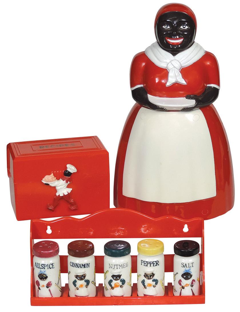 Black Americana, Mammy Cookie Jar, F&F red plastic,: Black Americana, Mammy Cookie Jar, F&F red plastic, Precision Ware red plastic recipe box & spice rack w/5 ceramic spices, jars marked Japan, all Exc cond, up to 10.5"H.