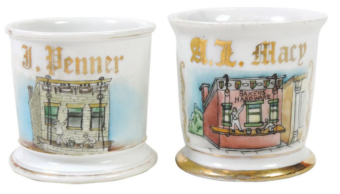 Occupational Shaving Mugs (2), Exterior Painters, 2 men: Occupational Shaving Mugs (2), Exterior Painters, 2 men on scaffold, bottom stamped Made in Germany, personalized J. Penner, Exc cond w/some wear on gold bands, 3.25"H & Building Painter-Stucco, 2 men