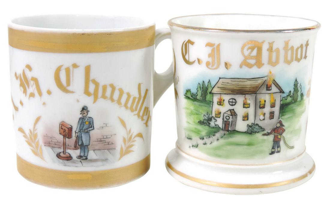 Occupational Shaving Mugs (2), Firefighter, attempting: Occupational Shaving Mugs (2), Firefighter, attempting to hose down burning house, bottom stamped H&C, personalized C.J. Abbot, paint firing bubbles on 2 windows & Police Man w/night stick at call box