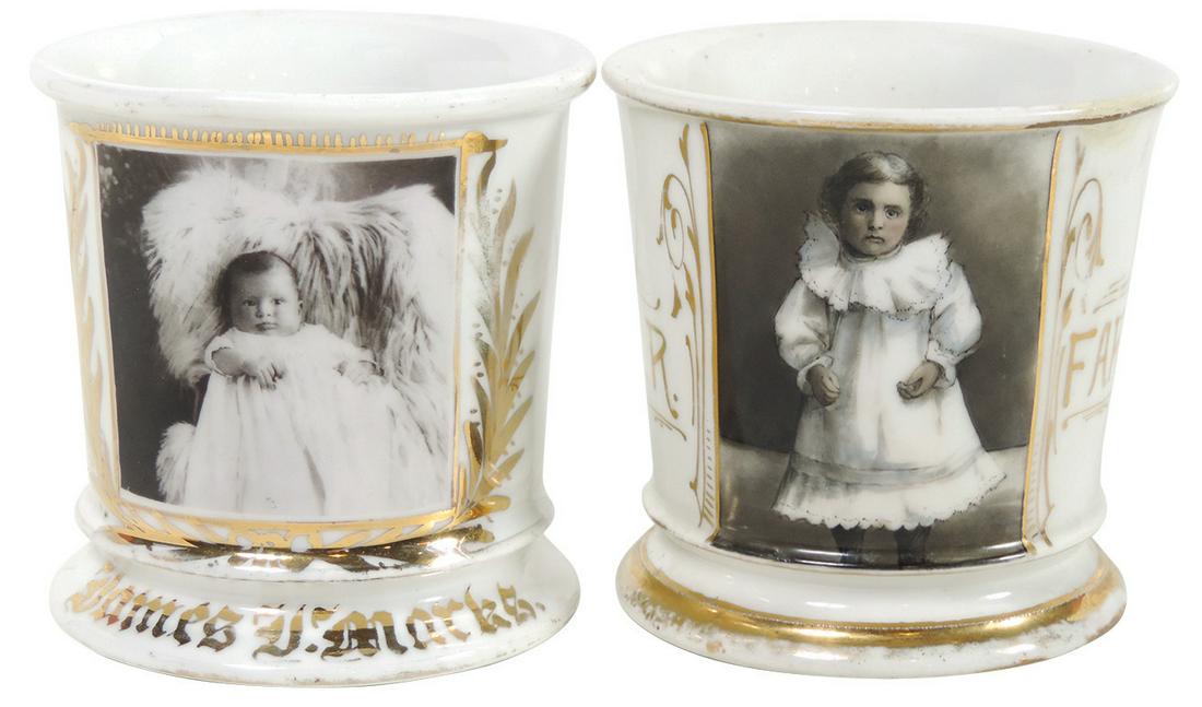 Occupational Shaving Mugs (2), Photographic, owner's: Occupational Shaving Mugs (2), Photographic, owner's baby, personalized James J. Marks, bottom stamped Germany & Photographic, owner's young girl, personalized E.R. Farley, W.G. & Co.-Limoges France &