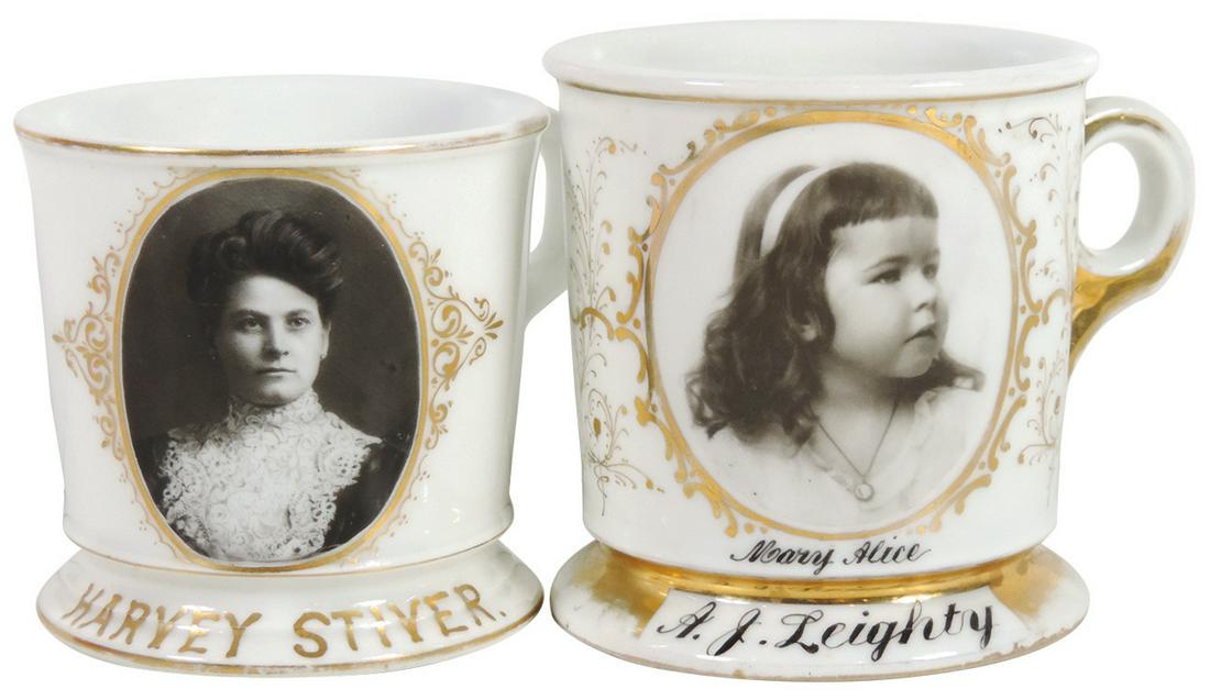 Occupational Shaving Mugs (2), Photographic, owner's: Occupational Shaving Mugs (2), Photographic, owner's child Mary Alice's portrait, personalized A.J. Leighty, bottom stamped C.L. Hoffman Barbers' Supplies-Dallas, Texas & Photographic, portrait of bea