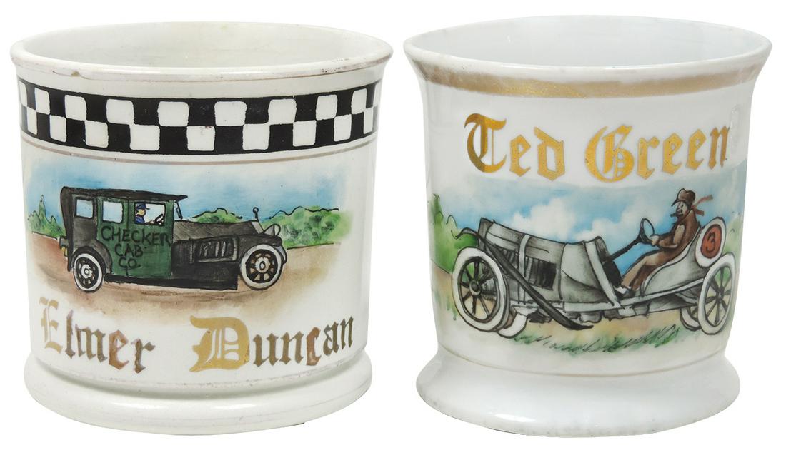Occupational Shaving Mugs (2), Race Car Driver #3,: Occupational Shaving Mugs (2), Race Car Driver #3, unmarked bottom, personalized Ted Green, blue stain on bottom & left side that's very noticeable under light, o/wise Exc cond w/great image & Checker