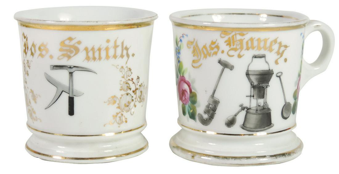 Occupational Shaving Mugs (2), Tinsmith & Leathermaker,: Occupational Shaving Mugs (2), Tinsmith & Leathermaker, Tinsmith Tools stamped T&V-Limoges France on bottom, personalized Jas. Haney, Exc+ cond w/some loss on bottom gold bands & Leathermaker Tools st