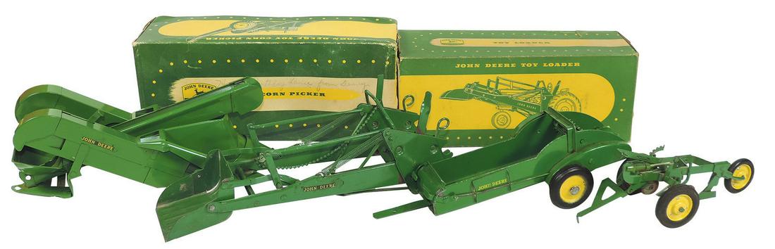 Farm Toys, John Deere Corn Picker w/box, 1:16 Scale,: Farm Toys, John Deere Corn Picker w/box, 1:16 Scale, Eska w/early decal, Near-Mint cond, box missing exterior end flaps on one end but orig assembly instructions are included, Eska Loader w/box, has c
