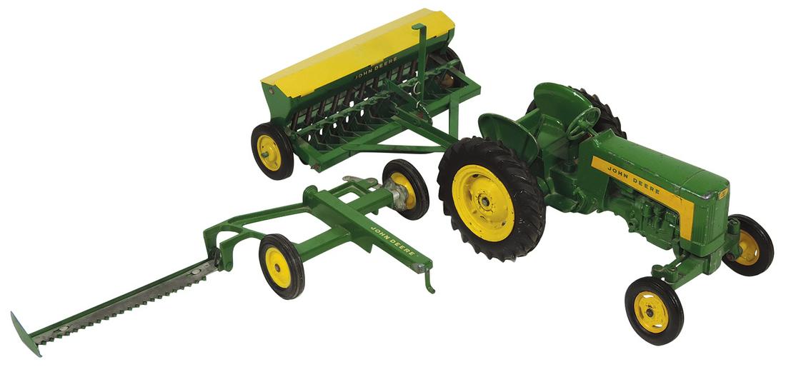 Farm Toys, John Deere 430 Ertl tractor, Eska grain: Farm Toys, John Deere 430 Ertl tractor, Eska grain drill & Ertl mower, 1:16 Scale, tractor has 3-point hitch, wide front end & fancy old style front & rear rims, c.1950's, a Rare tractor in Exc cond w