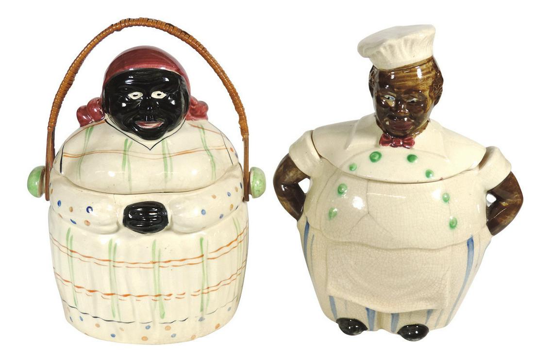 Black Americana (2), Mammy & Chef cookie jars, both: Black Americana (2), Mammy & Chef cookie jars, both painted ceramic, Mammy has woven handle, some stain on side, chef has old light hairlines & some glaze cracking, VG & Good cond, 10.5"H.