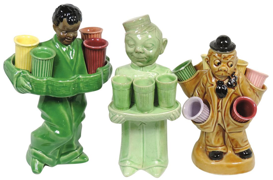 Black Americana (3), liquor decanters w/shot glasses,: Black Americana (3), liquor decanters w/shot glasses, (2) Porters w/shot glasses, one marked Germany & tall Waiter w/shot glasses, couple glasses w/edge nick, o/wise all Exc cond, up to 9.5"H.