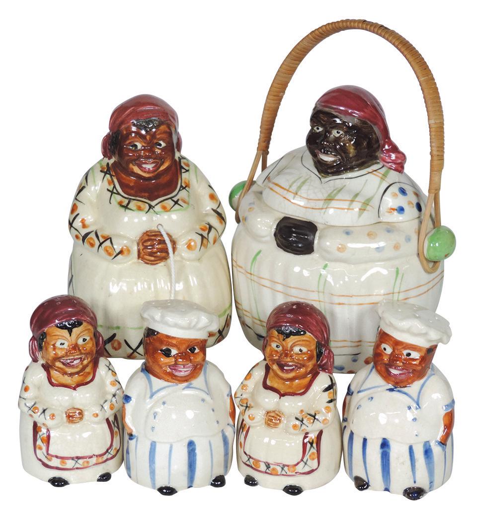 Black Americana (6), Mammy string holder, biscuit jar: Black Americana (6), Mammy string holder, biscuit jar w/woven handle & (2) Mammy & Chef shaker sets, all Exc cond, up to 9"H.