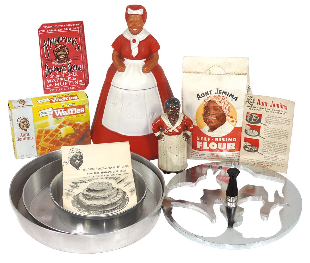 Black Americana, Aunt Jemima items (7),: Black Americana, Aunt Jemima items (7), Parti-Pan-Caker, Special Occasion 3-tier cake pans, both in orig boxes w/Aunt Jemima tag, plastic 2-pc cookie jar, flour sack w/orig product, cast iron bank, wa