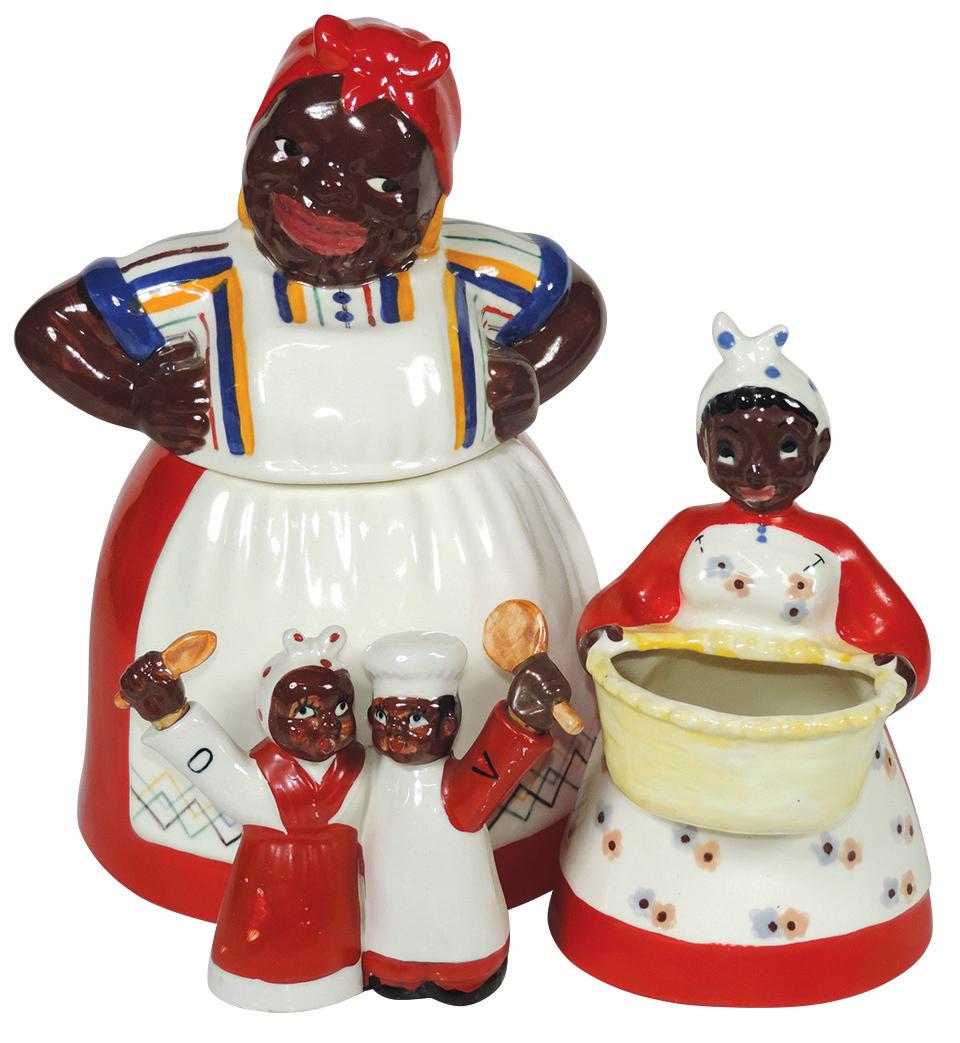 Black Americana (3), large Mammy cookie jar, hands on: Black Americana (3), large Mammy cookie jar, hands on hips & hand signed Brayton, Mammy flower vase & Mammy & Chef Oil & Vinegar, hands lift off to pour, all Exc cond, up to 12.5"H.