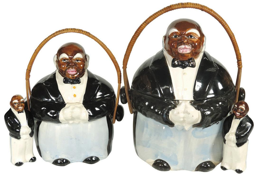 Black Americana (4), Butler cookie & biscuit jars: Black Americana (4), Butler cookie & biscuit jars w/woven handles, both marked Japan & matching S&P set, cookie jar has old spider crack in glaze on bottom only, o/wise all Exc cond, up to 11"H.