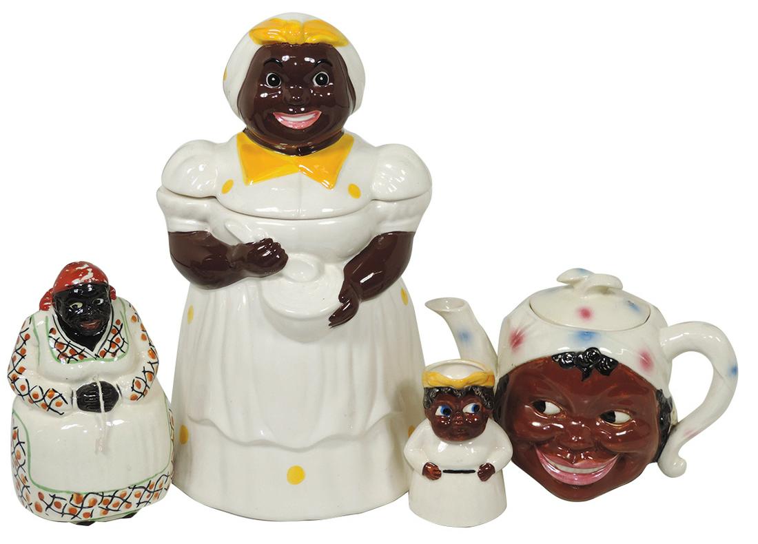 Black Americana (4), large Mammy Cookie Jar marked: Black Americana (4), large Mammy Cookie Jar marked Metlox, smiling Mammy teapot w/lid, Mammy Stringholder (some paint wear on bandana) & small pitcher marked Japan, all Exc cond unless noted, up to 13