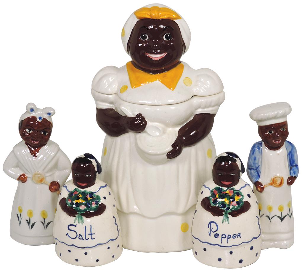 Black Americana (5), large Mammy cookie jar, marked: Black Americana (5), large Mammy cookie jar, marked Metlox, S&P Mammy wall décor & large hand painted S&P, pepper Mammy has faint hairline on back, rest Exc cond, up to 13"H.